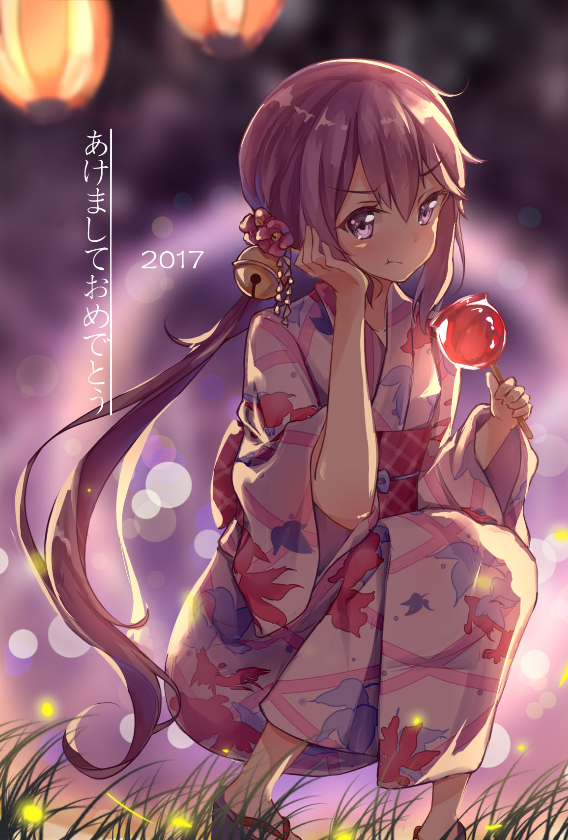 &gt;:t 1girl :t akebono_(kantai_collection) alternate_costume bell bent_knees candy_apple dango_(dangowalolicon) floral_print flower food frown hair_bell hair_flower hair_ornament hand_on_own_cheek highres japanese_clothes jingle_bell kantai_collection kimono light_particles looking_at_viewer nengajou new_year outdoors pink_kimono pout purple_hair solo violet_eyes