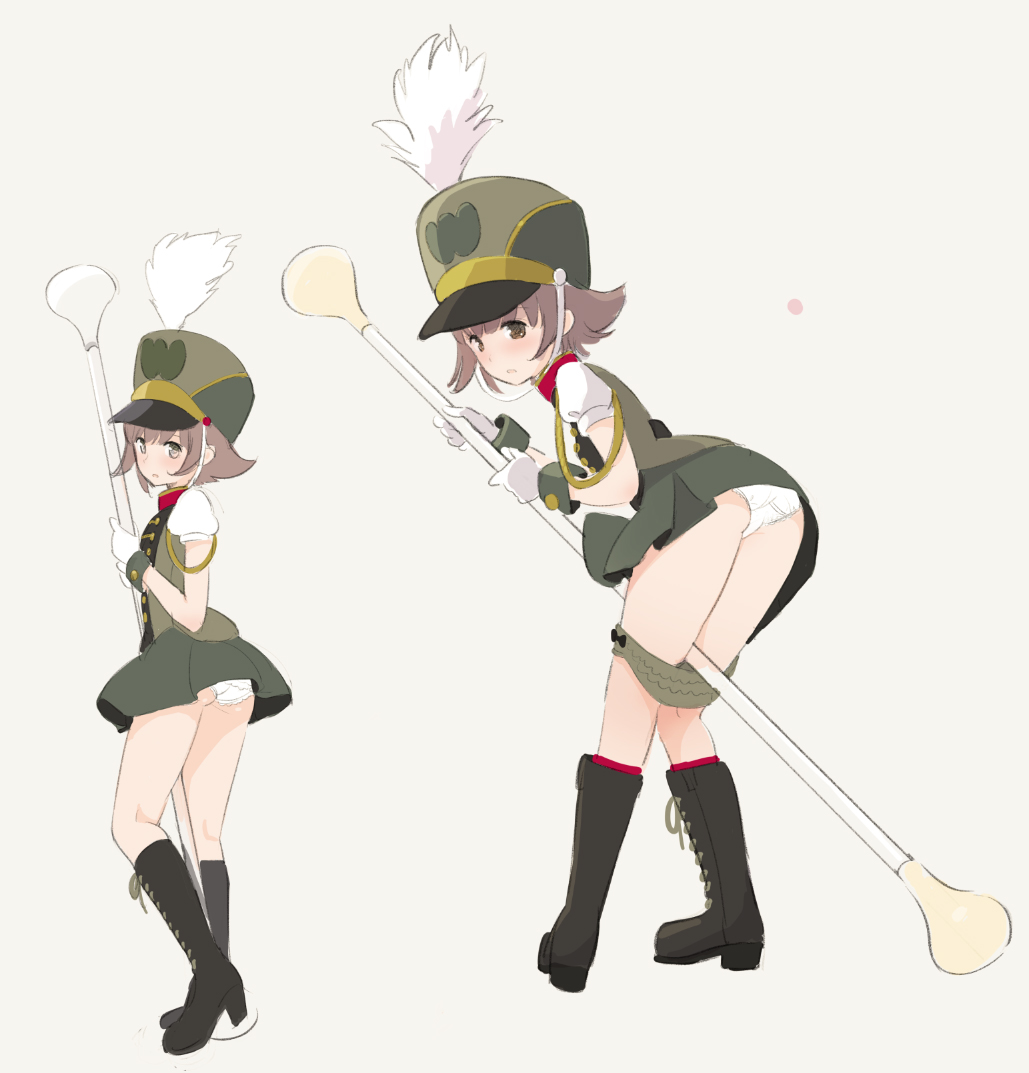 1girl band_uniform baton bent_over black_boots bloomers bloomers_pull blush boots brown_eyes brown_hair cross-laced_footwear gloves grey_background hat knee_boots kokudou_juunigou lace-up_boots looking_at_viewer looking_back official_art oversized_object panties pantyshot pantyshot_(standing) puffy_short_sleeves puffy_sleeves shako_cap short_hair short_sleeves simple_background standing underwear wanda_(wonder_festival) white_gloves white_panties wonder_festival wonder_festival_mascots
