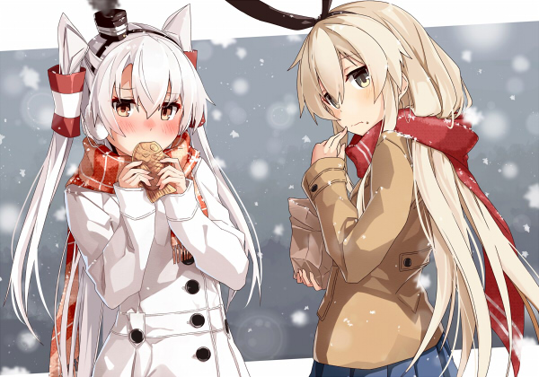 2girls alternate_costume amatsukaze_(kantai_collection) blonde_hair blush brown_jacket checkered_scarf coat earmuffs eating food from_behind grey_eyes hair_between_eyes hair_tubes hairband kantai_collection long_hair looking_at_viewer mittens multiple_girls orange_eyes red_scarf scarf shimakaze_(kantai_collection) silver_hair smoke smokestack snowing taiyaki takanashie two_side_up upper_body wagashi white_coat winter_clothes winter_coat