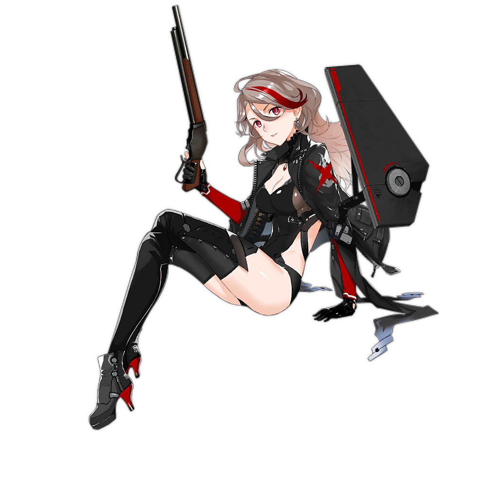 1girl armor artist_request breasts brown_hair cleavage cleavage_cutout earrings full_body girls_frontline gloves gun hair_between_eyes high_heels jacket jewelry lever_action long_hair looking_at_viewer m1887_(girls_frontline) multicolored_hair official_art red_eyes redhead shotgun solo streaked_hair thigh-highs transparent_background trigger_discipline wavy_hair weapon winchester_model_1887