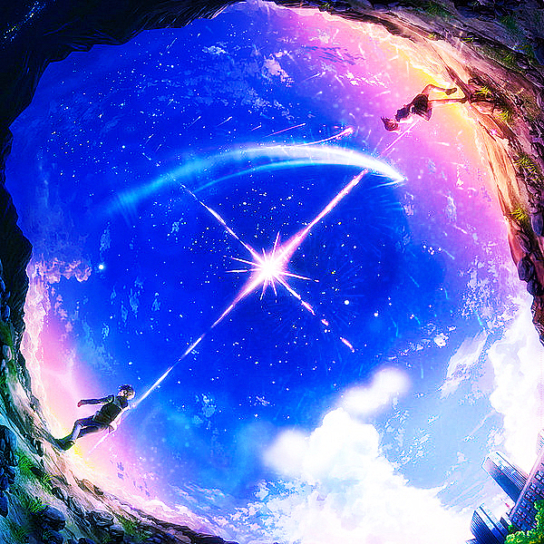 1boy 1girl artist_request building clouds comet diffraction_spikes kimi_no_na_wa miyamizu_mitsuha sky star_(sky) starry_sky tachibana_taki