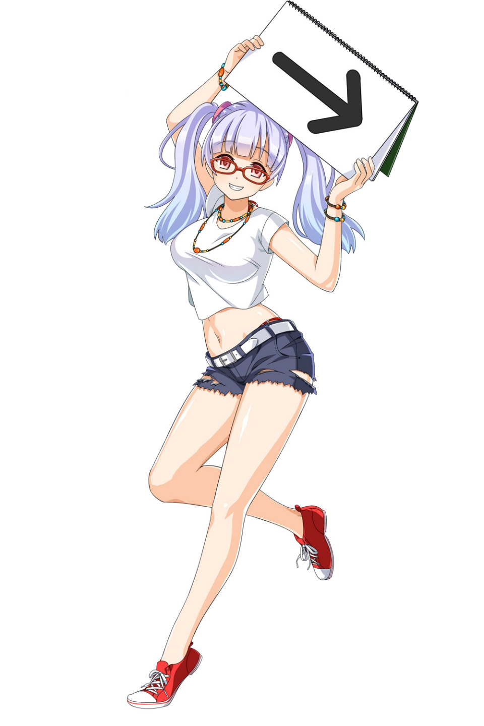 1girl arrow belt bracelet carrying_overhead full_body gradient_hair grin highres holding holding_sign jewelry kure_masahiro lavender_hair light_blue_hair long_hair looking_at_viewer midriff multicolored_hair navel necklace no_socks official_art red-framed_eyewear red_eyes shirt shoes short_sleeves shorts sign simple_background smile sneakers solo t-shirt torn_clothes twintails valkyrie_drive valkyrie_drive_-siren- white_background