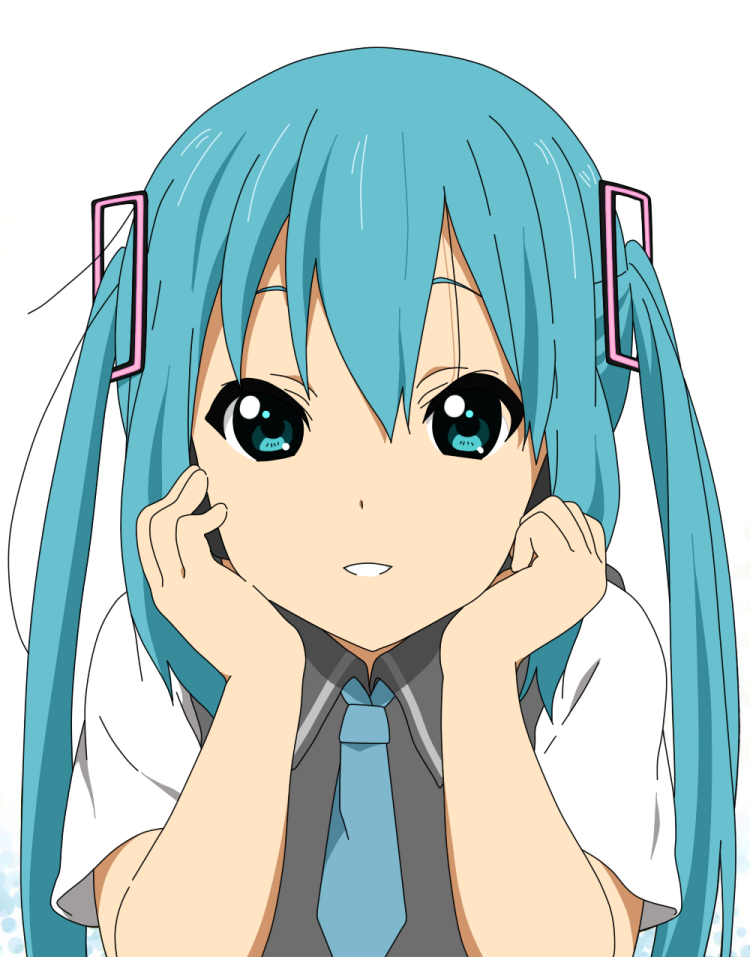 1girl bangs beni_oboro blue_eyes blue_necktie collared_shirt cosplay eyebrows hair_between_eyes hands_on_own_cheeks hands_on_own_face hatsune_miku k-on! long_hair looking_at_viewer nakano_azusa necktie shirt short_sleeves smile solo twintails vest vocaloid white_shirt