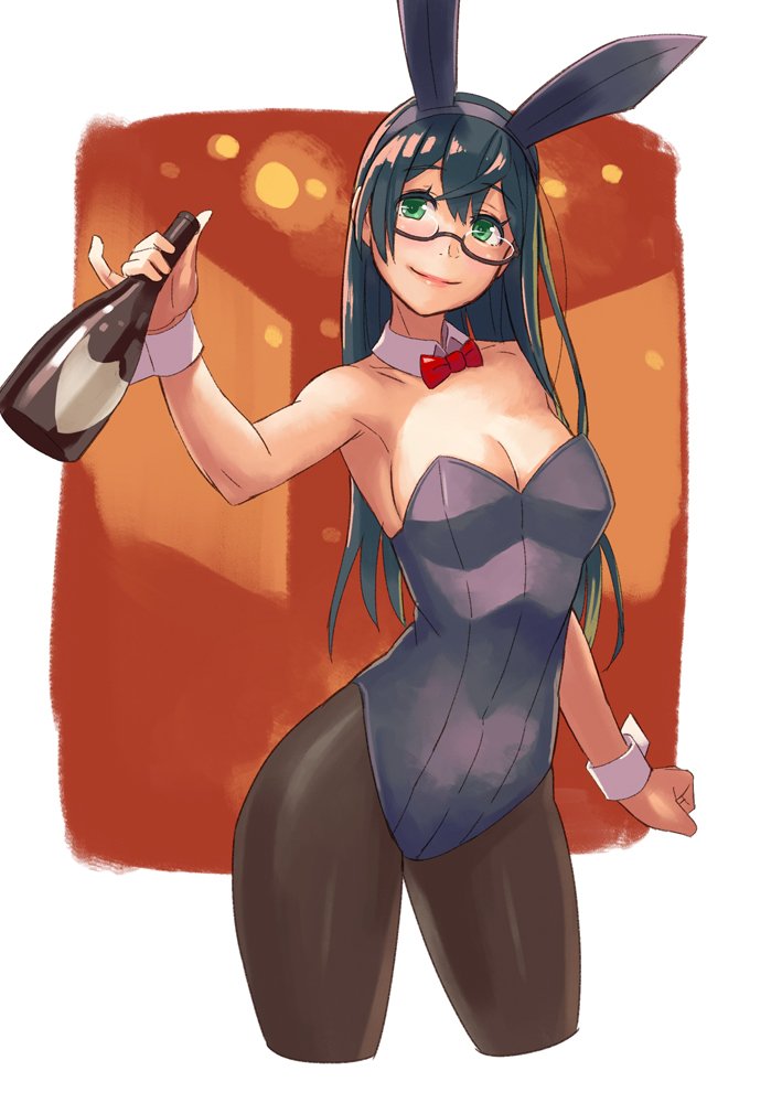 1girl alternate_costume animal_ears armpits bare_shoulders black-framed_eyewear black_hair black_legwear blush bottle bow bowtie breasts bunny_girl bunnysuit cleavage closed_mouth commentary_request cowboy_shot detached_collar fake_animal_ears glasses green_eyes hair_between_eyes hairband holding holding_bottle kantai_collection leotard long_hair looking_at_viewer medium_breasts ooyodo_(kantai_collection) pantyhose rabbit_ears red_bow red_bowtie semi-rimless_glasses sideboob smile solo under-rim_glasses wrist_cuffs yuuji_(and)