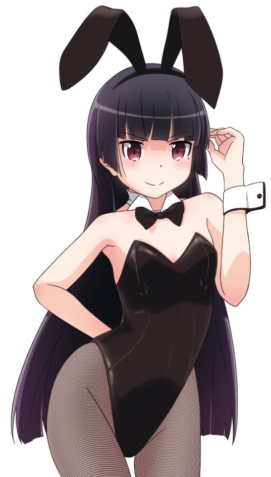 1girl animal_ears black_hair bow bowtie bunnysuit cowboy_shot detached_collar fishnet_pantyhose fishnets gokou_ruri hime_cut long_hair looking_at_viewer mole mole_under_eye ore_no_imouto_ga_konna_ni_kawaii_wake_ga_nai pantyhose rabbit_ears red_eyes smile solo suzumeko tail wrist_cuffs