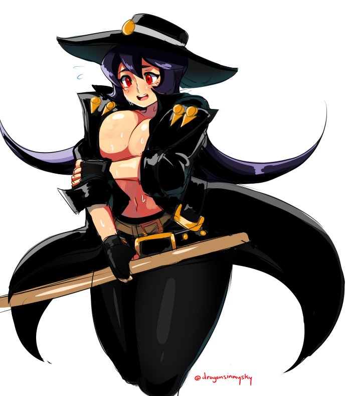 1girl black_gloves breasts cleavage coat cosplay covering covering_breasts cropped_legs d-ryuu embarrassed filia_(skullgirls) fingerless_gloves gloves guilty_gear hat johnny_(guilty_gear) johnny_(guilty_gear)_(cosplay) large_breasts long_hair no_bra open_clothes open_coat pants red_eyes shirtless sketch skullgirls solo sweat thick_thighs thighs