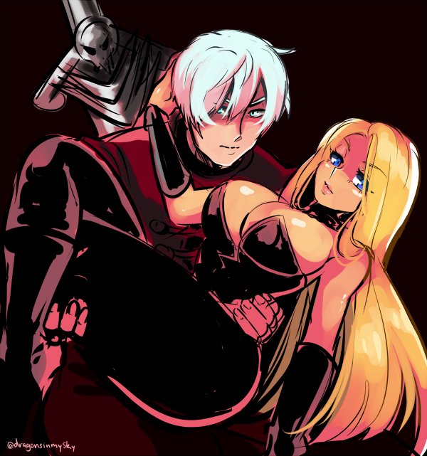 1boy 1girl blonde_hair blue_eyes bodice breasts carrying choker cleavage couple d-ryuu dante_(devil_may_cry) devil_may_cry devil_may_cry_2 hug large_breasts legs_crossed long_hair princess_carry short_hair silver_hair sketch trish_(devil_may_cry)