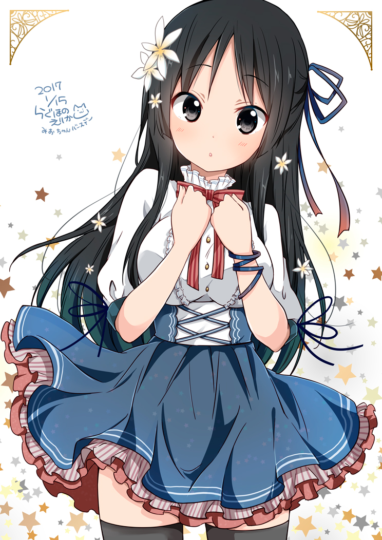 1girl akiyama_mio black_eyes black_hair black_legwear breasts dated dress flower hair_flower hair_ornament hair_ribbon k-on! long_hair looking_at_viewer ragho_no_erika ribbon solo thigh-highs zettai_ryouiki