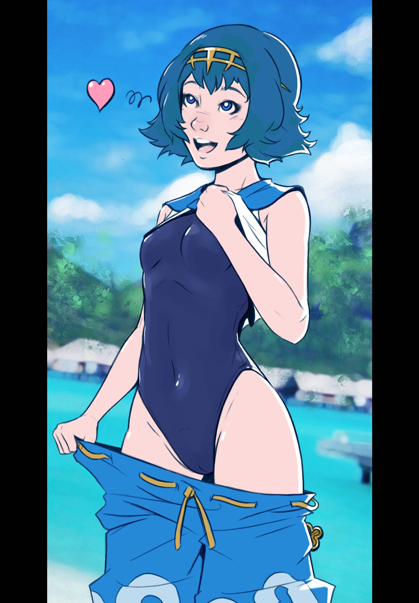 1girl blue_eyes blue_hair breasts covered_navel dave_cheung hairband heart highres nose one-piece_swimsuit pants_down pokemon pokemon_(game) pokemon_sm short_hair small_breasts solo suiren_(pokemon) swimsuit swimsuit_under_clothes trial_captain undressing