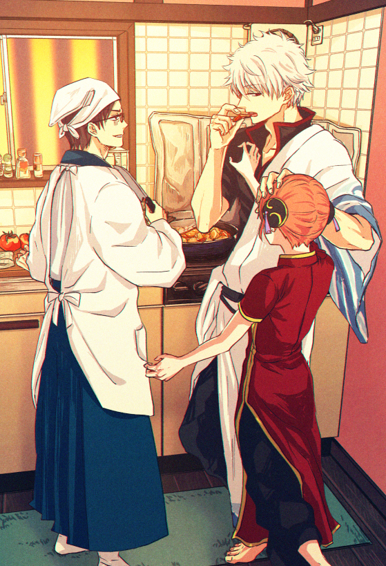 apron black_hair chinese_clothes cooking duplicate from_behind gintama glasses hair_ornament hand_on_another's_head indoors japanese_clothes kagura_(gintama) orange_hair pixel-perfect_duplicate pushing_away sakata_gintoki shimura_shinpachi short_hair szzz_k tasting white_hair