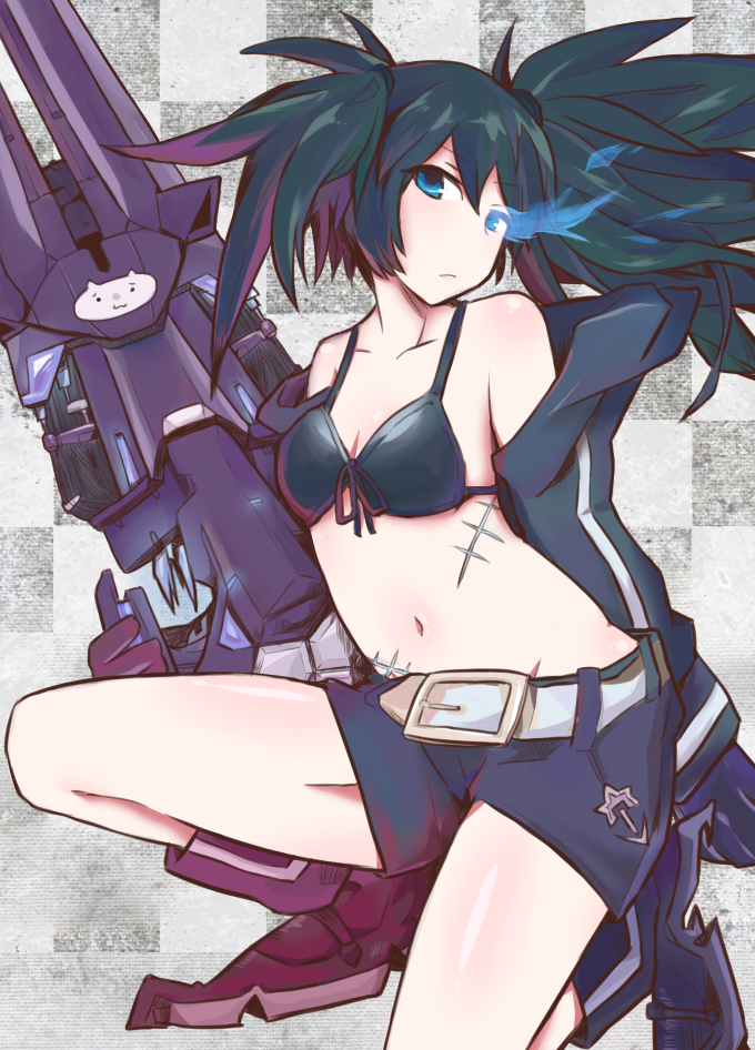 belt bikini black_hair black_rock_shooter black_rock_shooter_(character) blue_eyes boots breasts cleavage front-tie_top glowing glowing_eyes groin hasso_(goodbad963) jacket midriff navel off_shoulder scar short_shorts shorts swimsuit twintails weapon