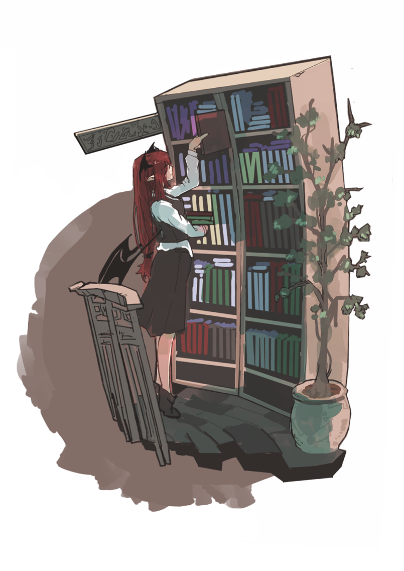 1girl arm_up back_cutout bat_wings book book_stack bookshelf brick_floor dress_shirt eyebrows_visible_through_hair eyes_visible_through_hair full_body futatsuki_eru head_wings holding holding_book koakuma long_hair low-tied_long_hair low_wings necktie plant pointy_ears potted_plant red_eyes red_necktie redhead shirt shoes sign simple_background skirt skirt_set solo tiptoes touhou tree very_long_hair vest white_background white_shirt wings