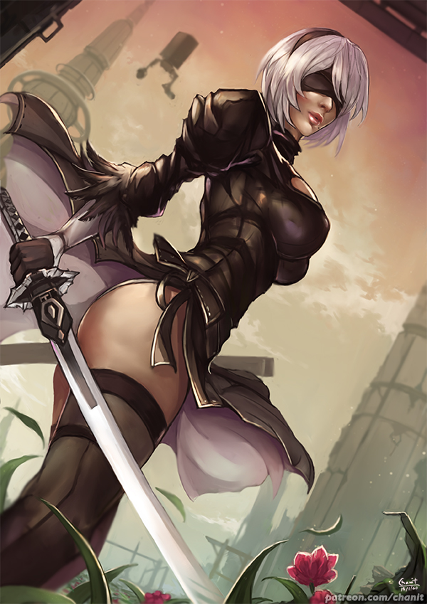 1girl ass black_dress black_gloves black_legwear blindfold breasts closed_mouth dated dress dutch_angle erect_nipples flower gloves hairband holding holding_sword holding_weapon juliet_sleeves kachima katana large_breasts long_sleeves looking_at_viewer nier_(series) nier_automata pelvic_curtain pod_(nier_automata) puffy_sleeves short_hair silver_hair sword thigh-highs watermark weapon web_address yorha_no._2_type_b