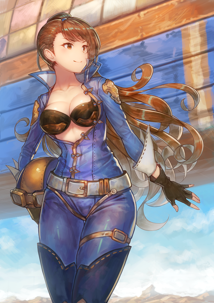 1girl alternate_costume arm_at_side beatrix_(granblue_fantasy) bikini_top black_gloves blurry boots breasts breasts_outside brown_eyes brown_hair cleavage collarbone cowboy_shot depth_of_field fingerless_gloves gloves granblue_fantasy headwear_removed helmet helmet_removed large_breasts long_hair looking_to_the_side smile solo thigh-highs thigh_boots thigh_strap tsurime unzipped urokoda