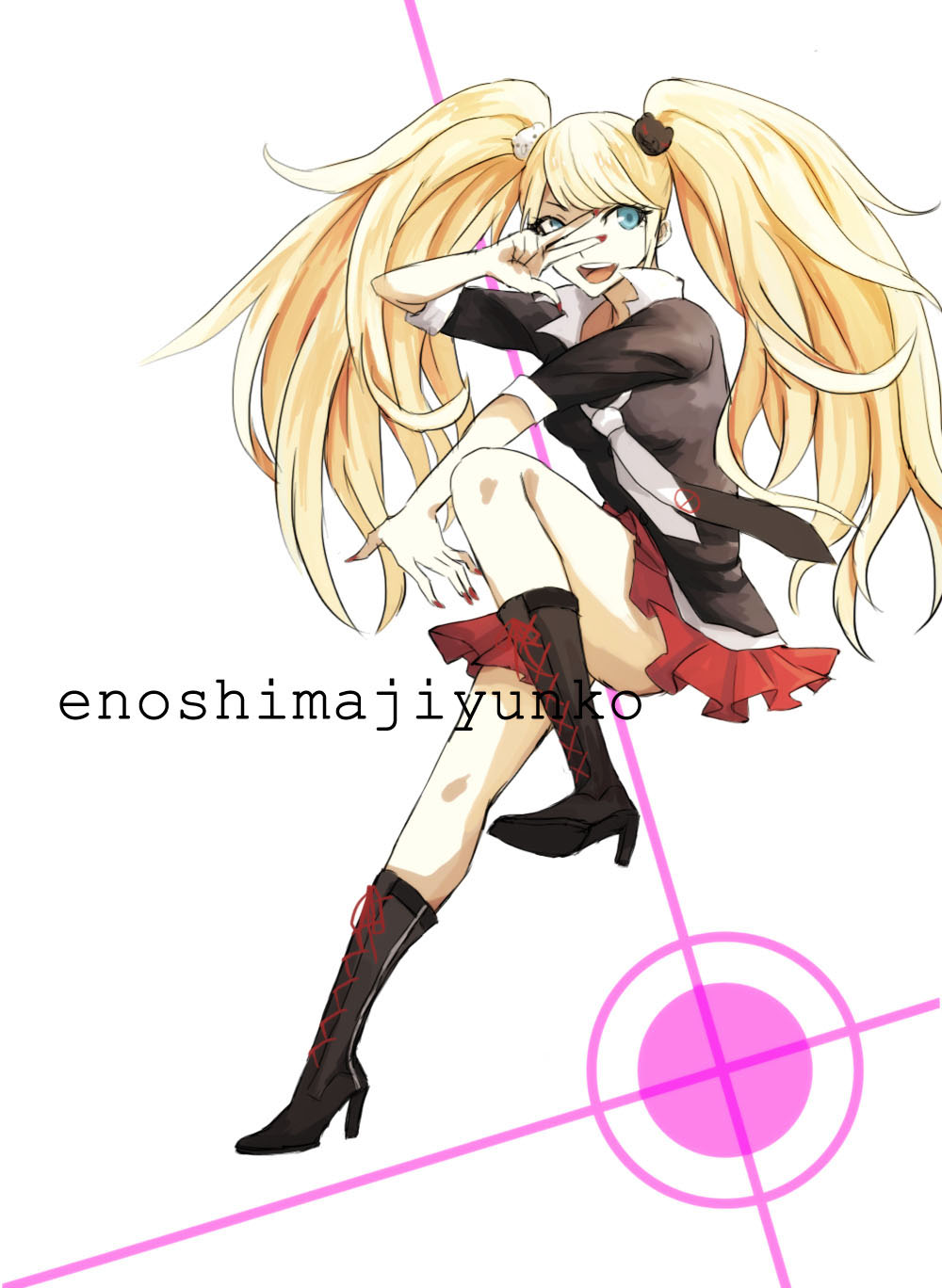 1girl blonde_hair boots character_name cross-laced_footwear dangan_ronpa dangan_ronpa_1 enoshima_junko high_boots high_heel_boots high_heels highres lace-up_boots long_hair nail_polish necktie reking solo spoilers thighs traditional_media twintails white_background