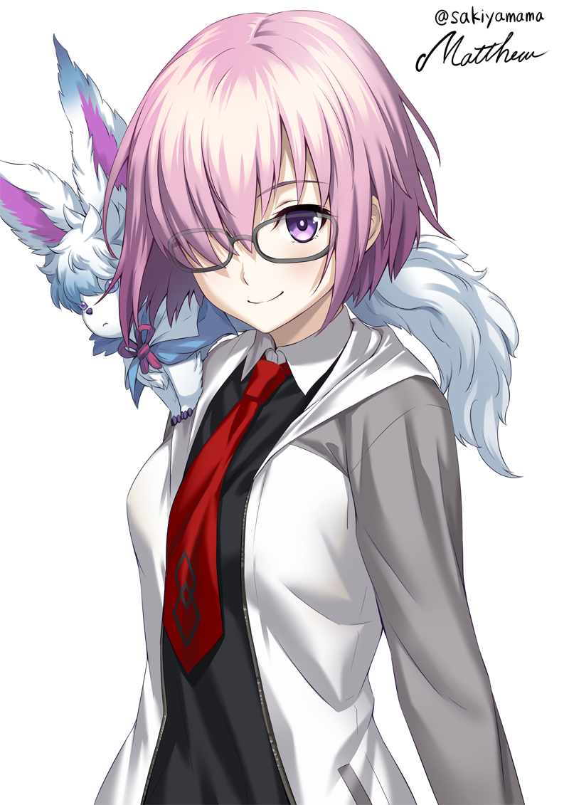 1girl black_shirt breasts character_name creature fate/grand_order fate_(series) fou_(fate/grand_order) glasses hair_over_one_eye hood hoodie jacket long_sleeves looking_at_viewer necktie on_shoulder open_clothes open_jacket pink_hair pocket red_necktie sakiyamama shielder_(fate/grand_order) shirt short_hair twitter_username upper_body violet_eyes white_background white_collar white_jacket