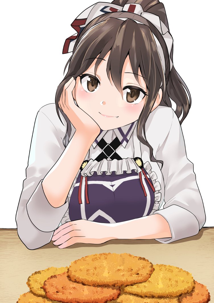 1girl alternate_costume alternate_hairstyle apron ashigara_(kantai_collection) brown_eyes brown_hair chin_rest commentary_request fang fang_out food kantai_collection light_smile looking_at_viewer masukuza_j ponytail solo white_background