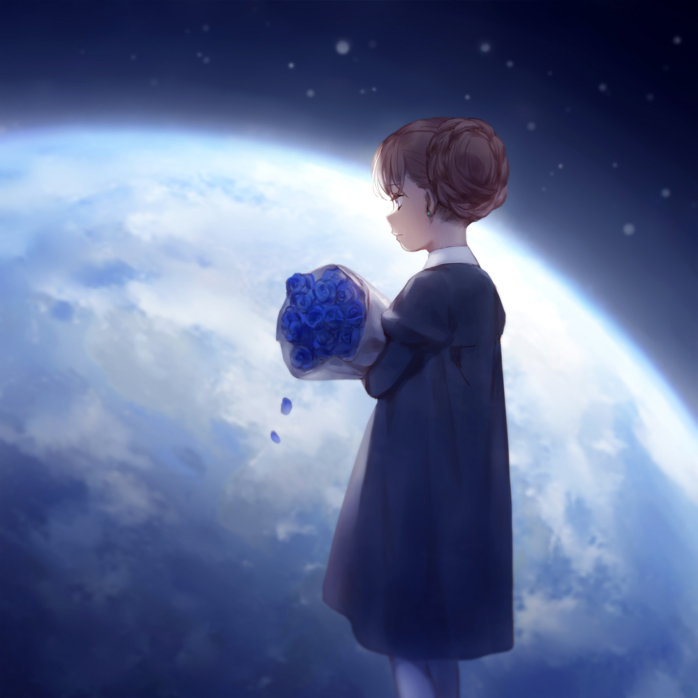 1girl aldnoah.zero back bangs blue_flower blue_rose bouquet braid brown_eyes brown_hair closed_mouth dress earrings eddelrittuo flower from_behind holding holding_bouquet jewelry juliet_sleeves kanmuri_(hanyifan30338) long_sleeves pantyhose petals planet profile puffy_sleeves rose solo space standing stud_earrings white_legwear