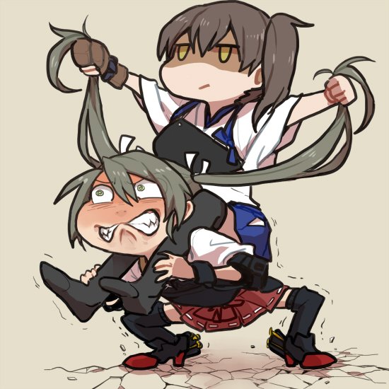 2girls angry boots carrying cracked_floor green_hair hair_pull hair_ribbon hakama_skirt japanese_clothes kaga_(kantai_collection) kantai_collection long_hair multiple_girls ree_(re-19) ribbon side_ponytail tasuki thigh-highs thigh_boots trembling twintails white_ribbon zuikaku_(kantai_collection)