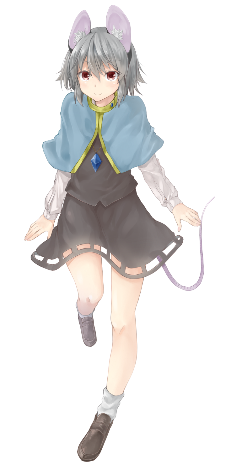 1girl animal_ears bangs black_shoes black_skirt black_vest blush brown_eyes capelet closed_mouth eyebrows_visible_through_hair full_body grey_hair hair_between_eyes highres jewelry leg_up loafers long_sleeves looking_at_viewer mouse_ears nazrin netamaru pendant shoes short_hair skirt skirt_set smile solo tail touhou vest