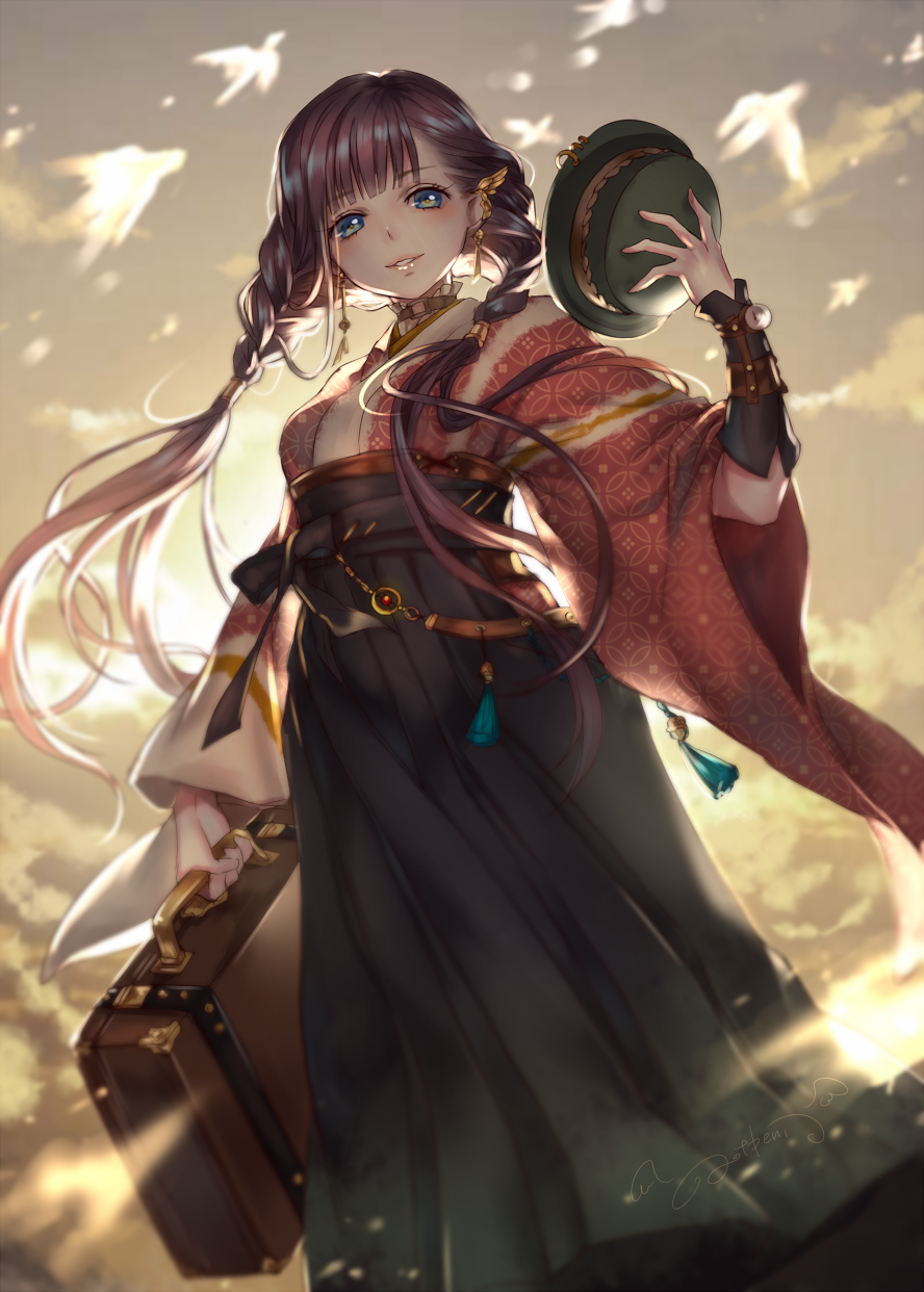 1girl blue_eyes braid brown_hair hat hat_removed headwear_removed highres japanese_clothes kimono lma long_hair looking_at_viewer original solo wind