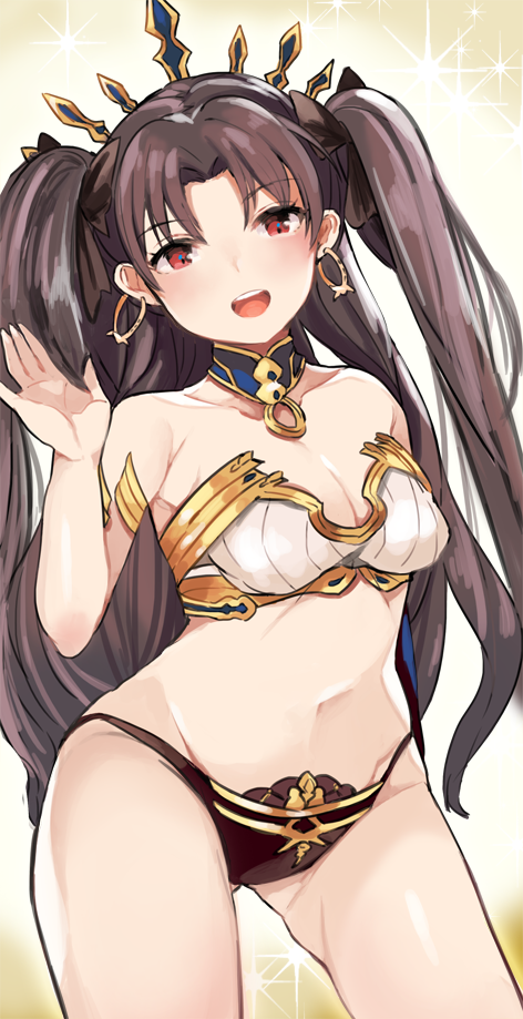 1girl :d arm armlet bare_arms bare_legs bare_shoulders black_hair black_panties black_ribbon breasts cleavage collar crown earrings fate/grand_order fate_(series) female gluteal_fold hair_ribbon head_tilt hoop_earrings ishtar_(fate/grand_order) jewelry legs looking_at_viewer medium_breasts midriff navel open_mouth panties red_eyes revealing_clothes ribbon round_teeth smile solo standing strapless teeth tohsaka_rin toi_(toiot) two_side_up type-moon very_long_hair waving