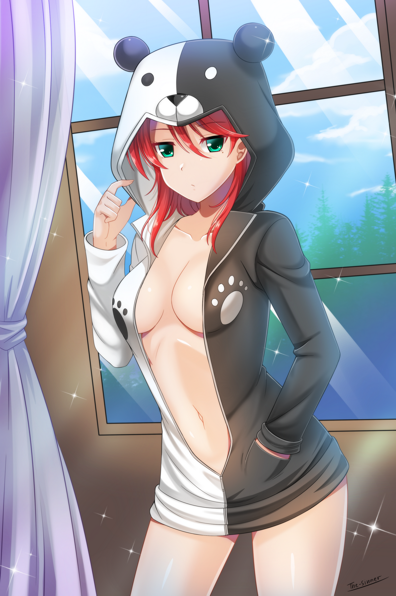 1girl :/ animal_hood bangs blush breasts center_opening closed_mouth cowboy_shot curtains day eba_rin full-length_zipper green_eyes hand_in_pocket highres hood hoodie jitome kimi_no_iru_machi long_sleeves looking_at_viewer mole mole_under_eye naked_hoodie navel redhead small_breasts solo sparkle stomach sunlight swept_bangs the-sinner window zipper