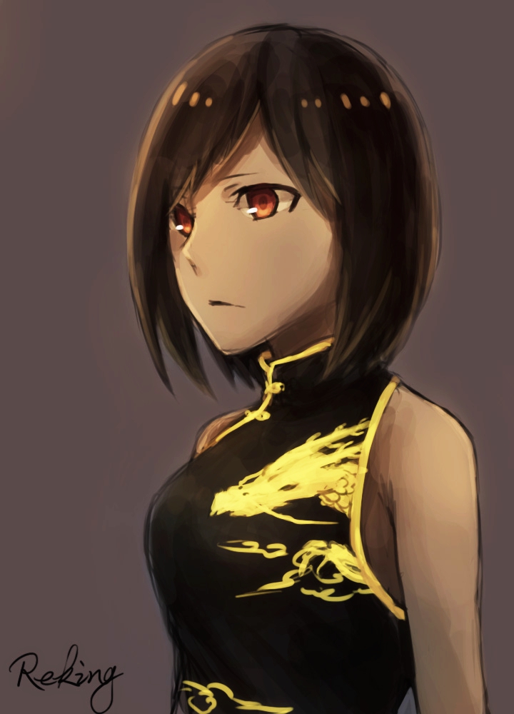 1girl artist_name bare_shoulders breasts brown_background brown_hair china_dress chinese_clothes dress medium_breasts original red_eyes reking short_hair sketch