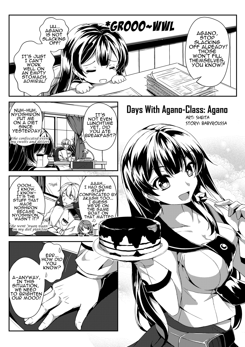1boy 1girl =_= admiral_(kantai_collection) agano_(kantai_collection) artist_name bangs bare_arms belt breasts cake chair cleavage closed_eyes collarbone comic commentary crossed_arms crying curtains day desk desk_lamp eating english engrish eyebrows_visible_through_hair food fork gloves greyscale hands_up head_rest highres holding holding_fork holding_pen holding_plate indoors kantai_collection lamp long_hair long_sleeves looking_at_viewer medium_breasts military military_uniform monochrome naval_uniform necktie noshiro_(kantai_collection) office open_mouth paper paper_stack pen plate ranguage school_uniform serafuku sheita shiny shiny_hair sigh sitting sleeveless smile solid_oval_eyes speech_bubble standing stomach_growling streaming_tears sweatdrop table talking tears uniform window