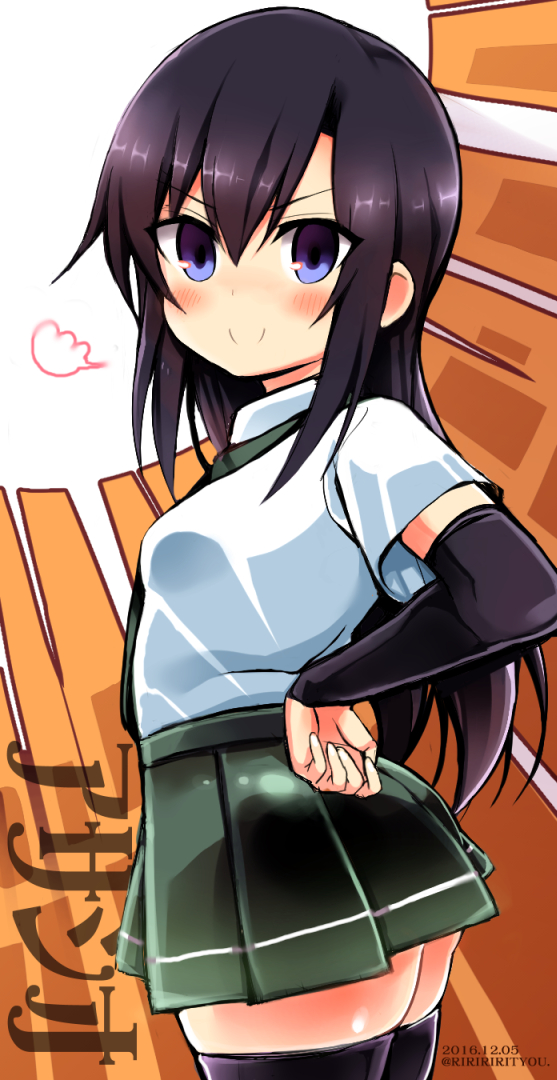 1girl arm_warmers asashio_(kantai_collection) ass black_hair black_legwear blue_eyes breasts breath dated hands_on_hips kantai_collection long_hair pleated_skirt richou_(zerozero1101) school_uniform shirt short_sleeves skirt small_breasts solo suspenders thigh-highs twitter_username white_shirt