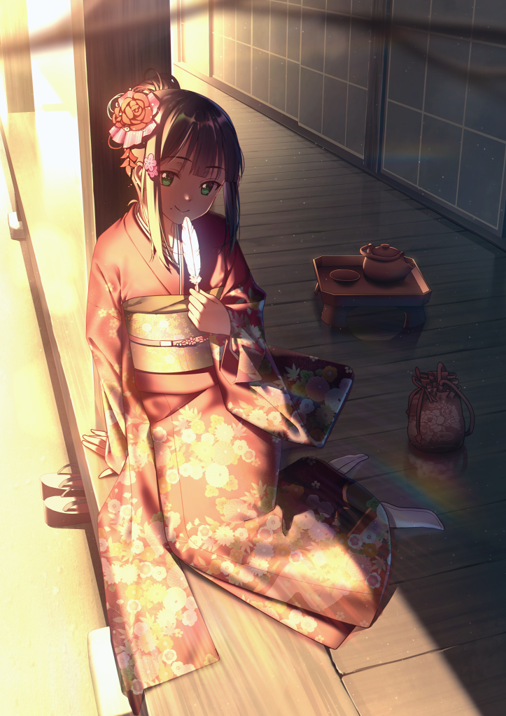 1girl bangs blurry branch brown_hair closed_mouth commentary_request depth_of_field dish evening feathers floral_print flower full_body furisode green_eyes hair_flower hair_ornament holding japanese_clothes kanzashi kimono kurosawa_dia long_sleeves looking_at_viewer love_live! love_live!_sunshine!! mole mole_under_mouth nagareboshi obi porch pouch red_flower red_kimono sandals sash shade sidelocks sitting sliding_doors smile solo sunlight teapot tied_hair white_legwear wide_sleeves wooden_floor yokozuwari