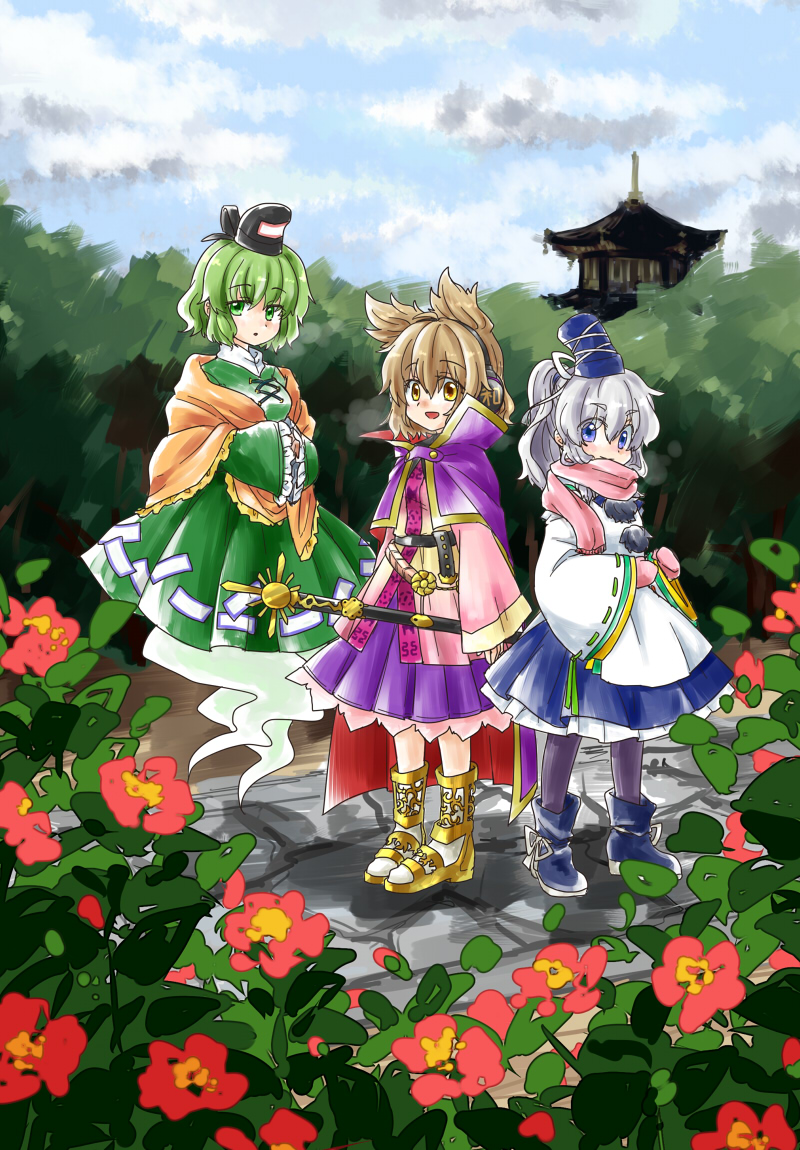 3girls :d architecture blouse blue_boots blue_eyes blue_skirt blue_sky boots brown_hair cape clouds cloudy_sky dress earmuffs east_asian_architecture eyebrows_visible_through_hair floating frilled_sleeves frills ghost_tail gimicalmas gloves green_dress green_eyes green_hair grey_hair hands_in_sleeves hat japanese_clothes kariginu mittens mononobe_no_futo multiple_girls open_mouth outdoors pagoda pink_blouse pink_gloves pink_scarf pom_pom_(clothes) ponytail purple_cape purple_skirt red_flower scarf shawl short_hair skirt sky sleeves_past_wrists sleeves_together smile soga_no_tojiko tate_eboshi touhou toyosatomimi_no_miko wide_sleeves yellow_eyes