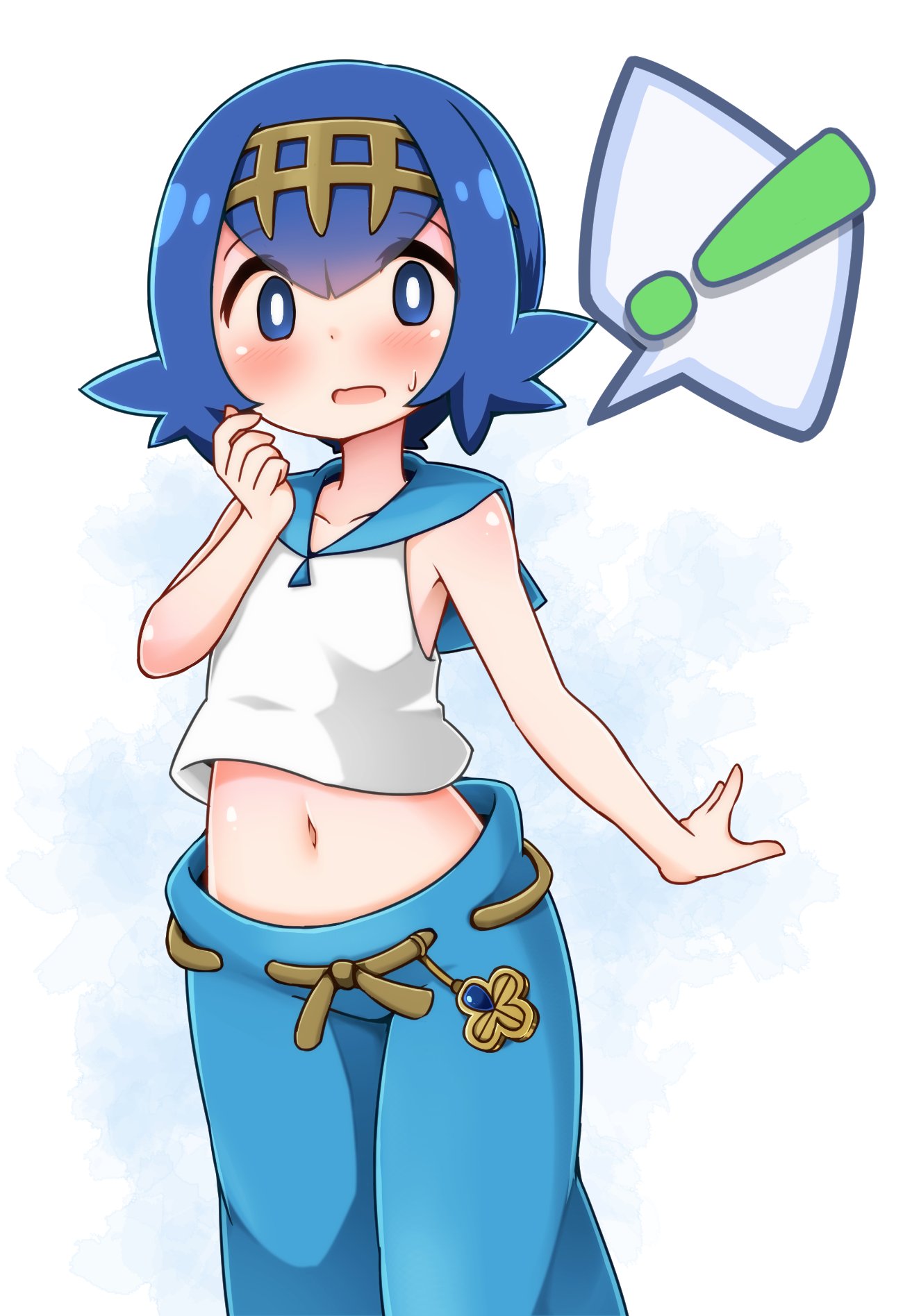 ! 1girl blue_eyes blue_hair blue_pants blush hairband highres midriff navel open_mouth pants pokemon pokemon_(game) pokemon_sm shirt short_hair simple_background sleeveless sleeveless_shirt solo spoken_exclamation_mark suiren_(pokemon) suwa_yasai trial_captain white_background