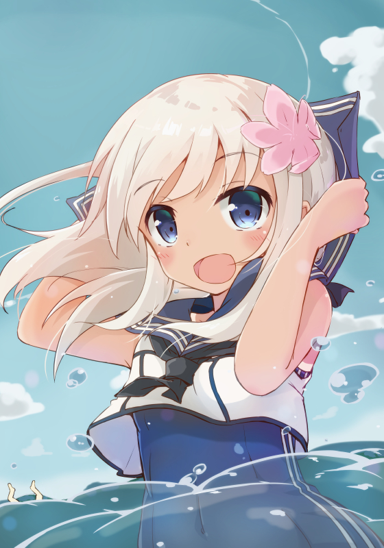 1girl :d blonde_hair blue_eyes blue_sky blush covered_navel crop_top flower hair_flower hair_ornament hibiscus kantai_collection long_hair looking_at_viewer one-piece_swimsuit one-piece_tan open_mouth partially_submerged ro-500_(kantai_collection) sailor_collar school_swimsuit school_uniform serafuku sky smile solo sora_miru swimsuit swimsuit_under_clothes tan tanline