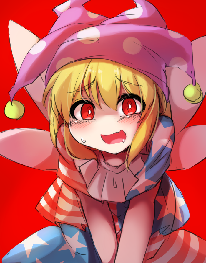 1girl american_flag_dress american_flag_legwear bangs blonde_hair blush clownpiece fairy_wings fun_bo hat jester_cap looking_at_viewer neck_ruff open_mouth pantyhose polka_dot red_background red_eyes short_sleeves simple_background sketch solo star star_print touhou v_arms wings