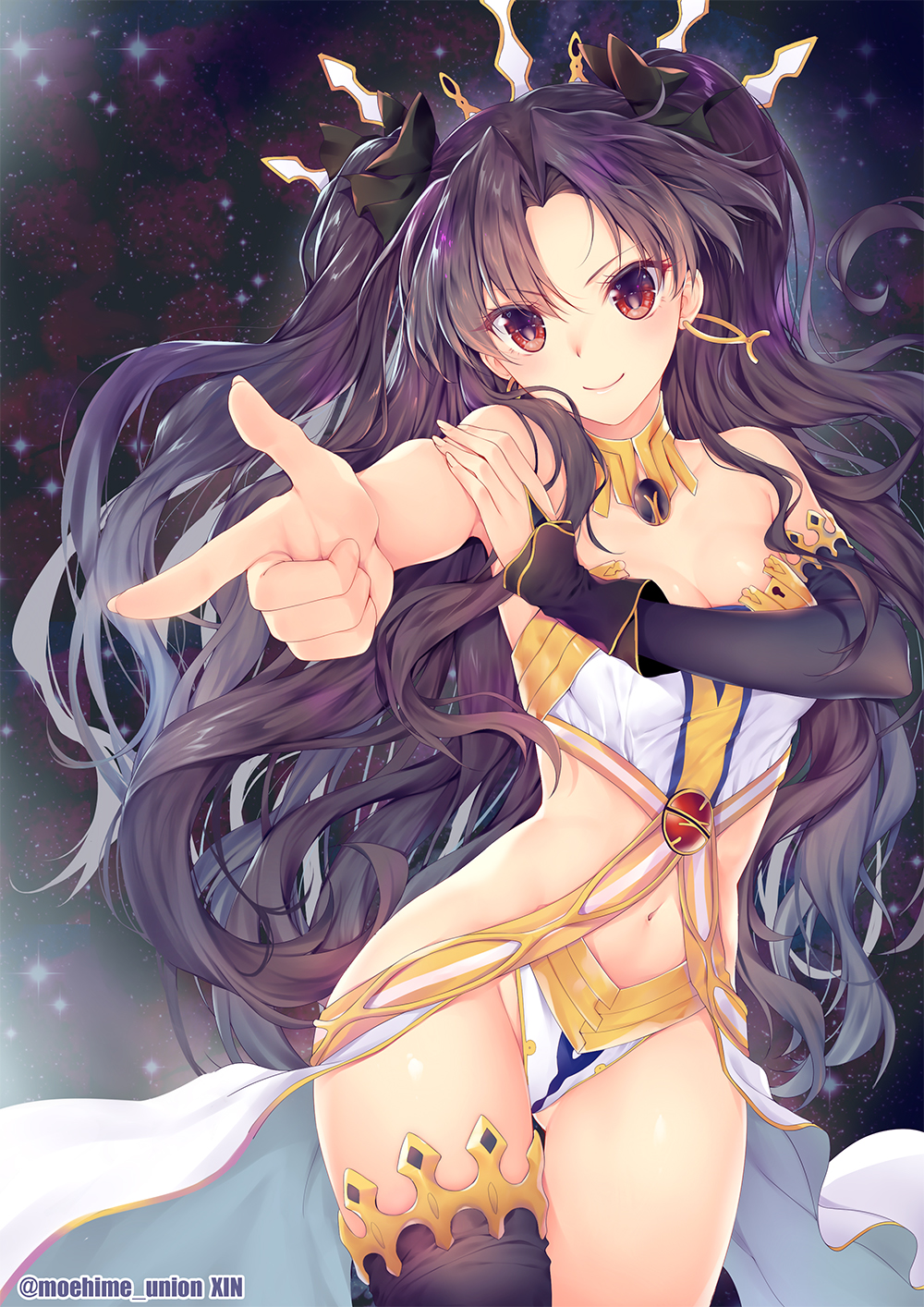 &gt;:) 1girl arm armlet asymmetrical_gloves asymmetrical_legwear bangs bare_arms bare_legs bare_shoulders black_gloves black_hair black_legwear black_ribbon breasts bridal_gauntlets cleavage closed_mouth cowboy_shot crown earrings elbow_gloves eyebrows_visible_through_hair eyelashes fate/grand_order fate_(series) female finger_gun gem gloves gluteal_fold hair_ribbon hand_on_own_arm highres hoop_earrings index_finger_raised ishtar_(fate/grand_order) jewelry legs light_particles looking_at_viewer medium_breasts naughty_face navel navel_cutout neck neck_ring obiwan outer_space outstretched_arm parted_bangs pelvic_curtain pointing red_eyes revealing_clothes ribbon single_elbow_glove single_glove single_thighhigh smile solo space strapless thigh-highs thigh_gap thighlet tohsaka_rin twitter_username two_side_up type-moon very_long_hair