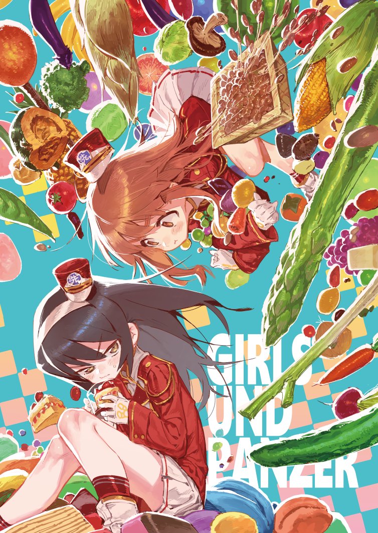 &gt;:t 2girls :t banana black_hair blue_background blush brown_eyes brown_hair carrot chomoran commentary_request copyright_name corn cucumber eggplant food fruit girls_und_panzer gloves grapes hairband hat long_hair long_sleeves multiple_girls nattou nishizumi_miho pineapple pleated_skirt pout reizei_mako skirt spring_onion strawberry_shortcake tomato
