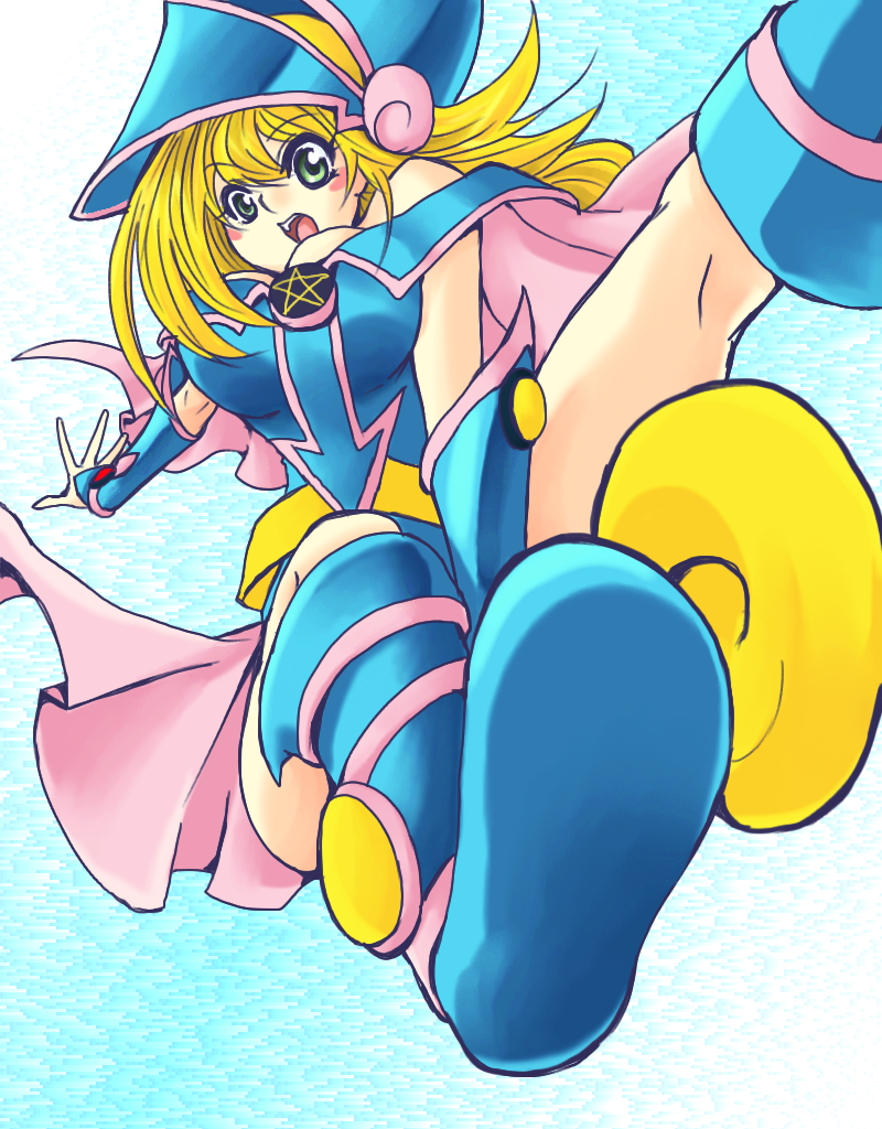 1girl bare_shoulders blonde_hair blue_boots blush blush_stickers boots breasts dark_magician_girl duel_monster green_eyes hat large_breasts long_hair open_mouth pentacle smile solo staff wizard_hat yu-gi-oh! yuu-gi-ou_duel_monsters