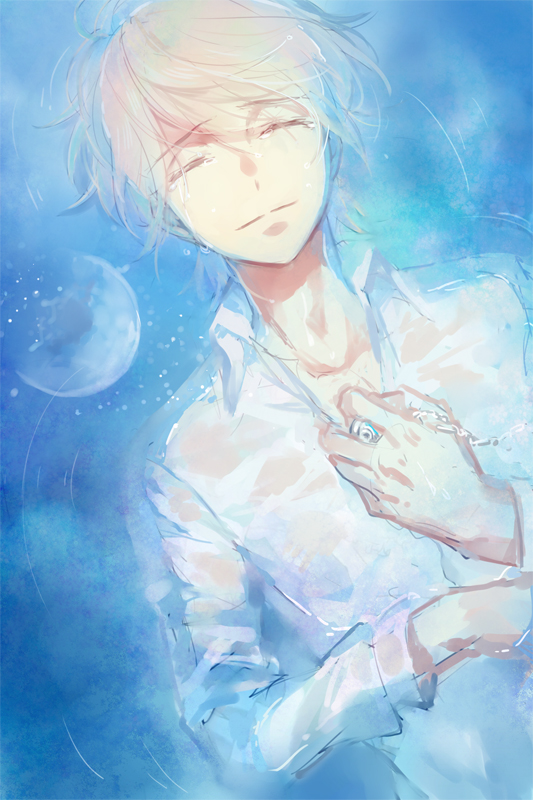 1boy afloat aldnoah.zero bangs blonde_hair closed_eyes closed_mouth collared_shirt dress_shirt eyebrows_visible_through_hair eyelashes from_above hands_on_own_chest holding kanmuri_(hanyifan30338) long_sleeves male_focus necklace_removed reflection ripples see-through shirt sketch slaine_troyard smile solo tears upper_body water wet wet_clothes wet_shirt white_shirt