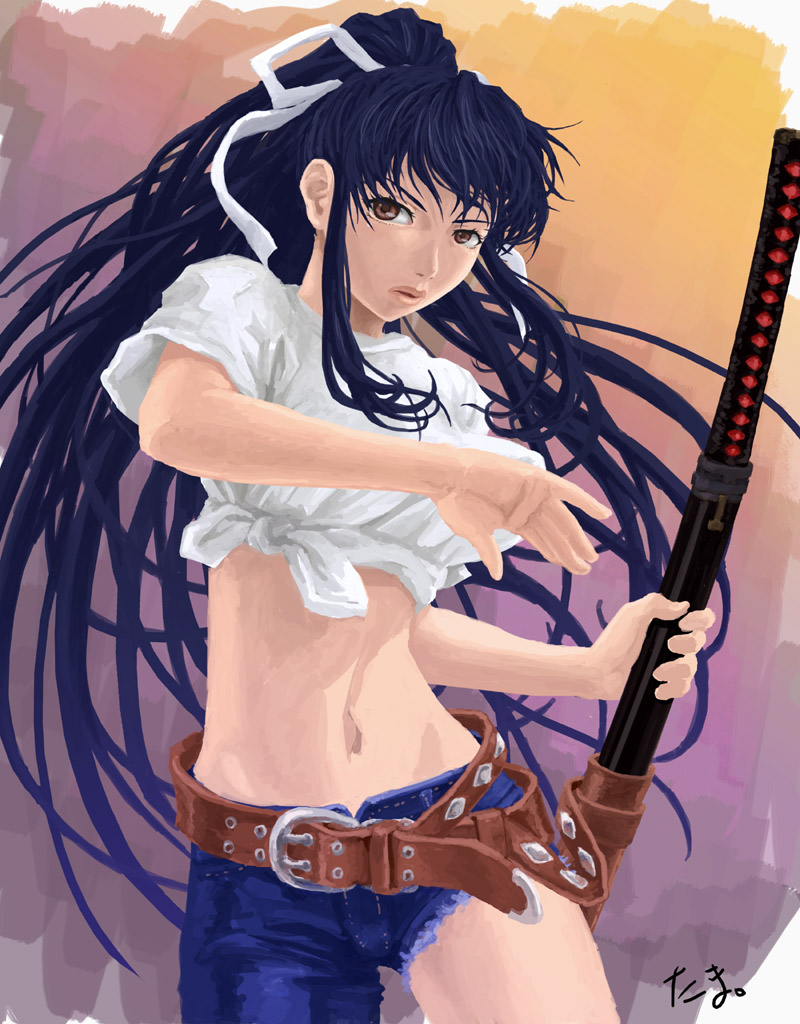 1girl asymmetrical_clothes belt breasts brown_eyes denim hand_on_hilt jeans kanzaki_kaori lips long_hair messy_hair midriff navel ootachi pants perky_breasts ponytail scabbard sheath sheathed shirt single_pantsleg solo t-shirt tama_(tama_sphere) tied_shirt to_aru_majutsu_no_index