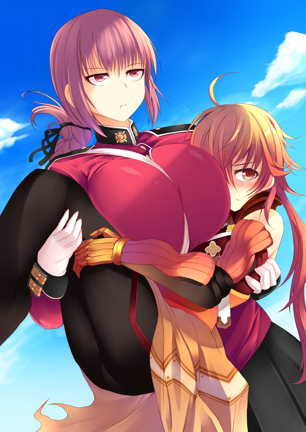 1boy 1girl blush braid breasts carrying fate/grand_order fate_(series) florence_nightingale_(fate/grand_order) highres huge_breasts long_hair ponytail pout princess_carry purple_hair rama_(fate/grand_order) red_eyes solo sukage