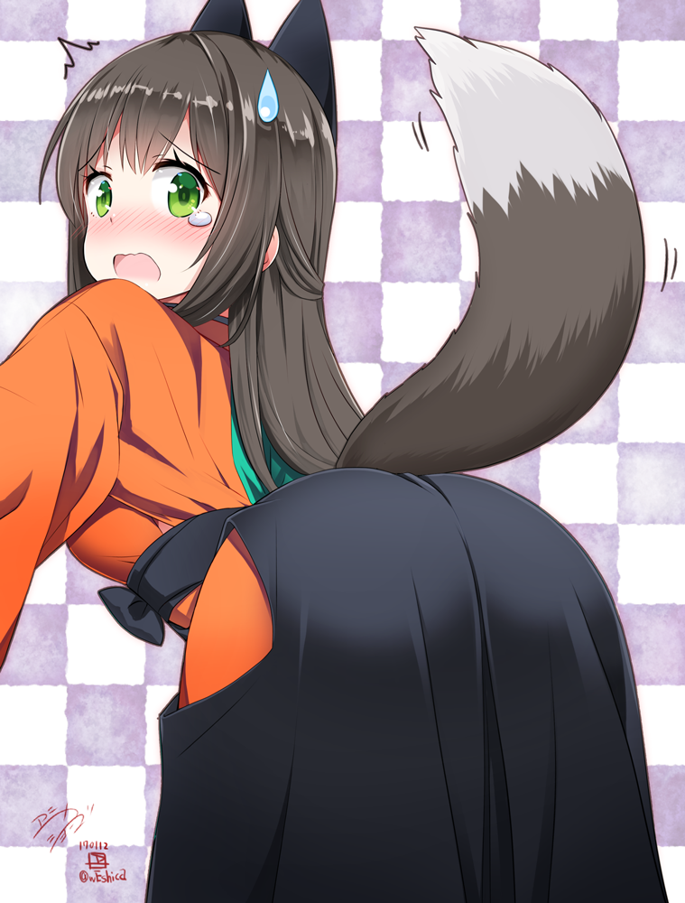 /\/\/\ 1girl animal_ears ass bending_forward bent_over black_hair blush checkered checkered_background commentary ear_blush fake_animal_ears from_behind green_eyes hakama half_updo japanese_clothes long_hair looking_at_viewer looking_back nose_blush open_mouth shiny shiny_hair solo sweatdrop tail tail_wagging tatsumi_kon tearing_up urara_meirochou wavy_mouth weshika