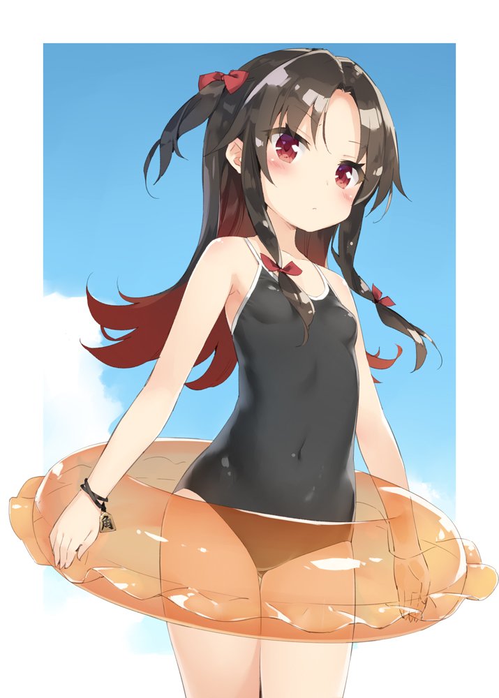 1girl black_hair blush bow breasts competition_school_swimsuit covered_navel cowboy_shot from_below gluteal_fold hair_bow innertube long_hair multicolored_hair one-piece_swimsuit outdoors peko red_eyes redhead ryuuou_no_oshigoto! sidelocks small_breasts solo swimsuit thigh_gap two-tone_hair two_side_up wristband yashajin_ai