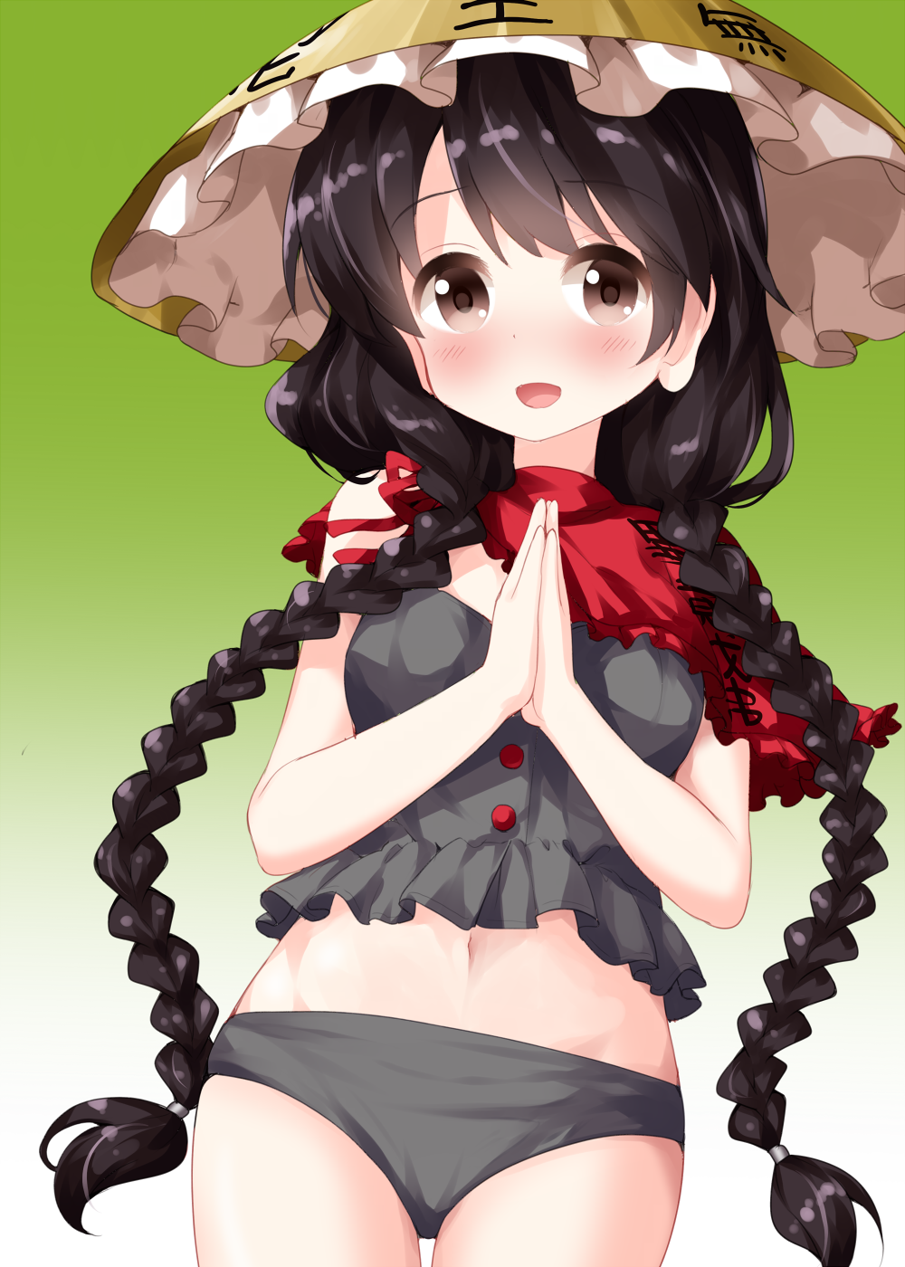 1girl :d adapted_costume ajirogasa bangs bare_arms bare_shoulders black_hair blush braid breasts brown_eyes brown_headwear capelet commentary_request cowboy_shot earlobes eyebrows_visible_through_hair gradient gradient_background green_background grey_bikini_top hat highres long_hair looking_at_viewer low_twintails midriff navel open_mouth own_hands_together palms_together red_capelet ruu_(tksymkw) small_breasts smile solo standing strapless touhou tubetop twin_braids twintails very_long_hair white_background yatadera_narumi