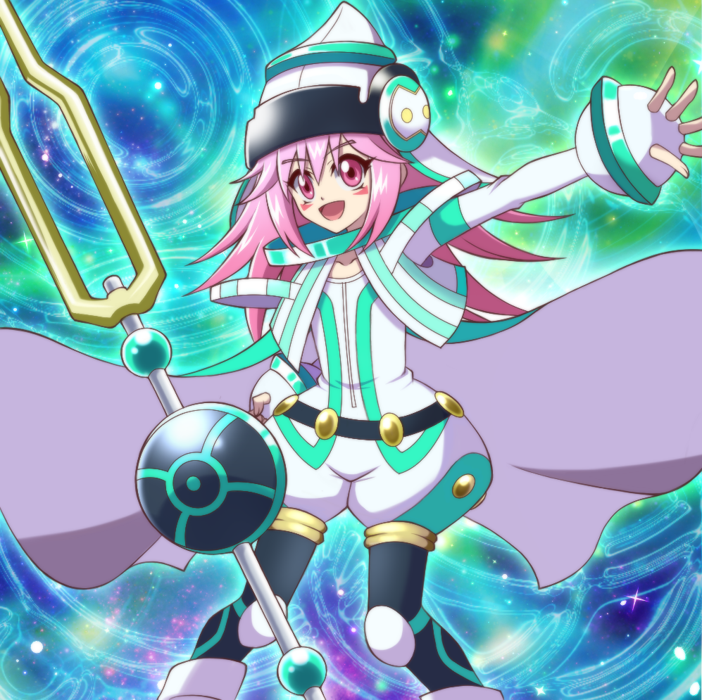 1girl cape duel_monster hat maiko_(mimi) open_mouth pantyhose pink_eyes pink_hair smile solo tuning_fork tuning_magician yu-gi-oh! yuu-gi-ou_arc-v