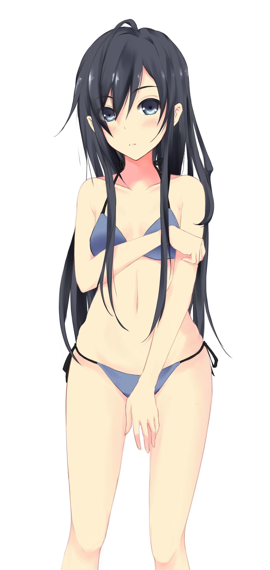 1girl bikini black_hair blue_bikini blue_eyes breasts collarbone highres long_hair navel side-tie_bikini simple_background small_breasts solo swimsuit white_background wish_white yahari_ore_no_seishun_lovecome_wa_machigatteiru. yukinoshita_yukino