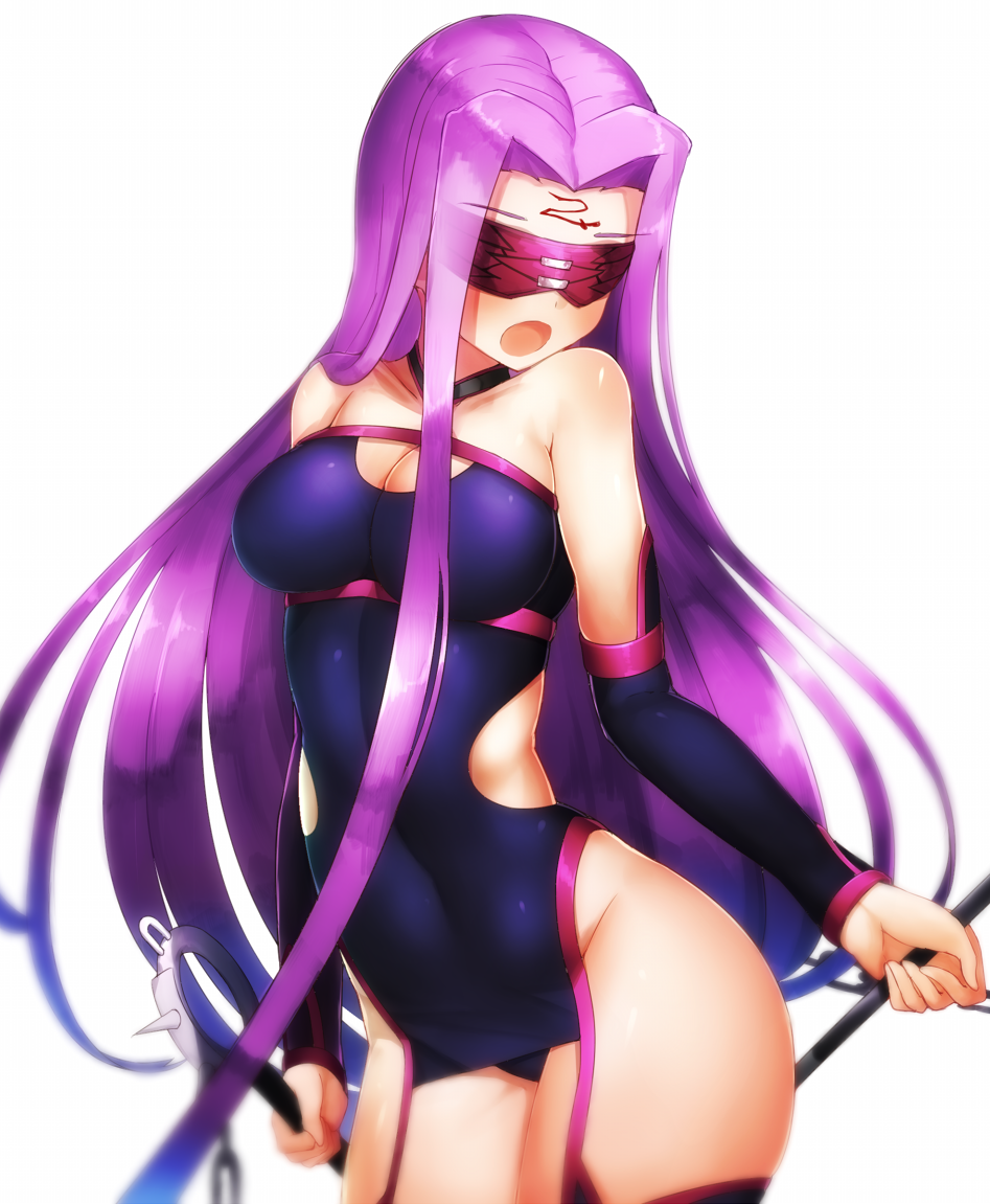 1girl :&lt; arm_warmers bare_shoulders black_legwear blindfold blurry blush boots boruhis breasts chains choker cleavage cleavage_cutout collarbone contrapposto covered_navel cowboy_shot dual_wielding eyebrows_visible_through_hair facial_mark fate/stay_night fate_(series) forehead_mark garter_straps glasses groin head_tilt holding holding_weapon long_hair medium_breasts nameless_dagger open_mouth purple_hair rider shiny shiny_skin simple_background skin_tight sleeveless solo spikes standing strapless tareme thigh-highs thigh_boots very_long_hair weapon white_background