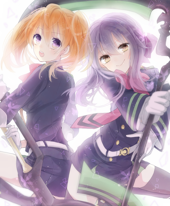 2girls belt black_legwear black_skirt blonde_hair brown_eyes hiiragi_shinoa holding holding_weapon long_hair military military_uniform multiple_girls necktie open_mouth owari_no_seraph purple_hair ringoro sanguu_mitsuba scythe skirt smile thigh-highs twintails uniform violet_eyes weapon