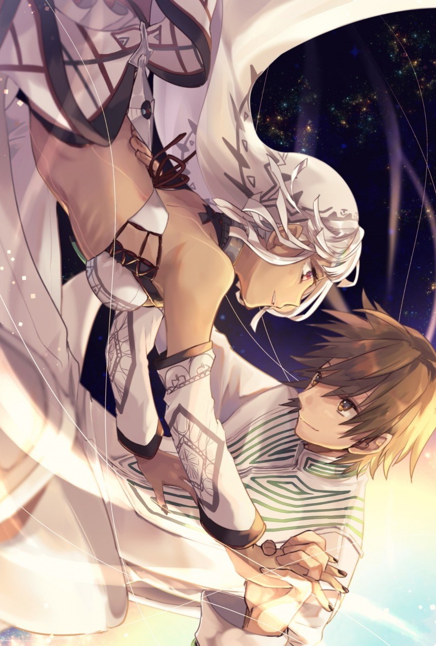 1boy 1girl altera_(fate) breasts brown_eyes brown_hair dark_skin detached_sleeves eye_contact falling fate/extella fate/extra fate_(series) hand_holding highres kishinami_hakuno_(male) looking_at_another midriff nail_polish red_eyes short_hair small_breasts white_hair yamoge