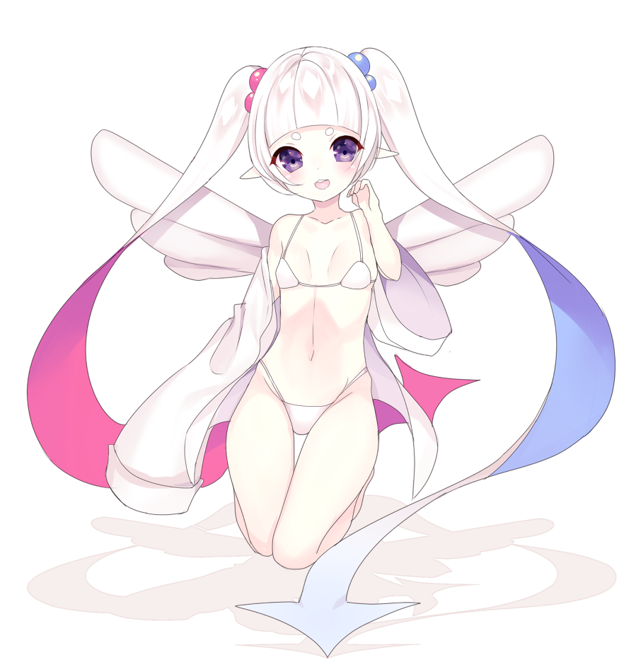 1girl bangs blunt_bangs bra full_body kuro_guren looking_at_viewer midriff navel open_mouth personification pointy_ears pokemon solo togekiss togetic twintails underwear violet_eyes white_hair white_wings wings
